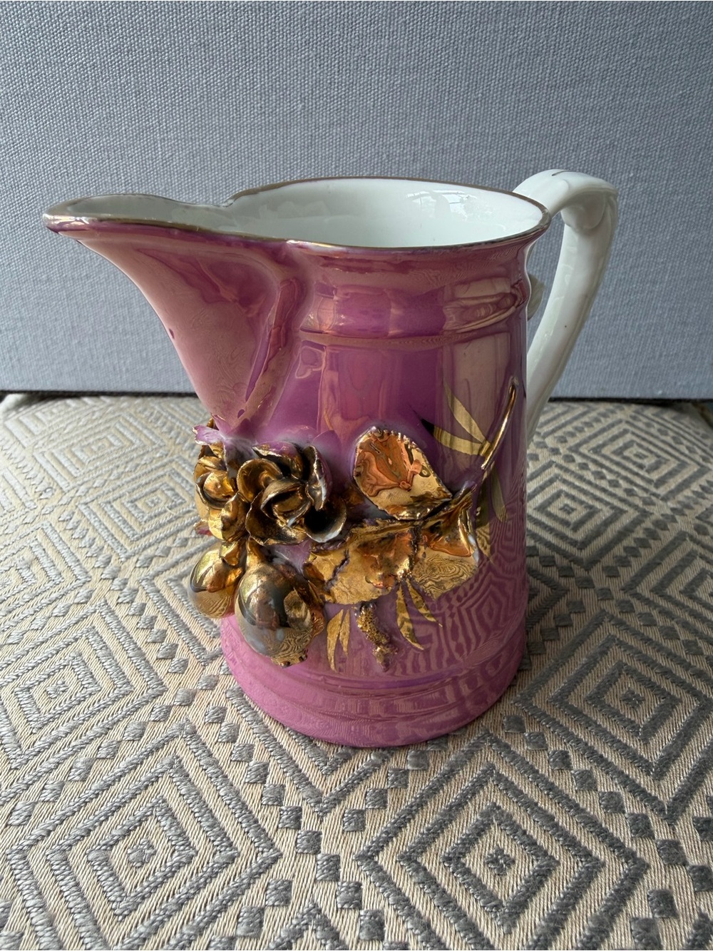 Pink Lusterware Pitcher With Raised Flowers Gold porcelain Japan VTG